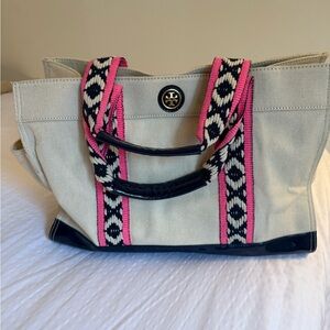 Tory Burch Cream and Pink Tote Bag with Patterned Straps